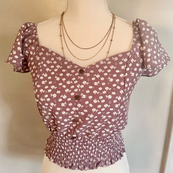 Monteau Tops - Flutter sleeve sweetheart ditsy floral smocked waist crop top blouse w/ buttons